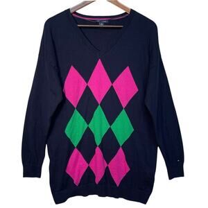 Tommy Hilfiger Women Pullover Sweater Sizes‎ XL Blue Argyle Cotton Knit V Neck